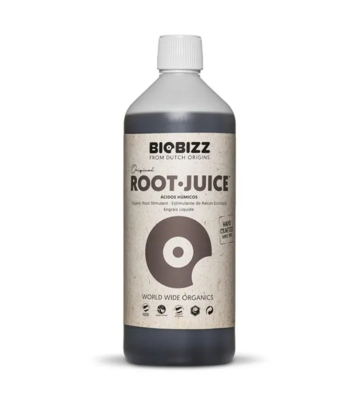 Botella oscura Root·Juice BioBizz con etiqueta de ácidos húmicos