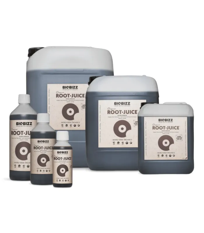 Conjunto de botellas y garrafas Root·Juice BioBizz de distintos tamaños