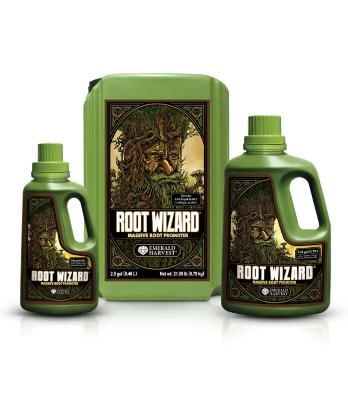 Tres envases verdes Root Wizard Emerald Harvest de distintos tamaños