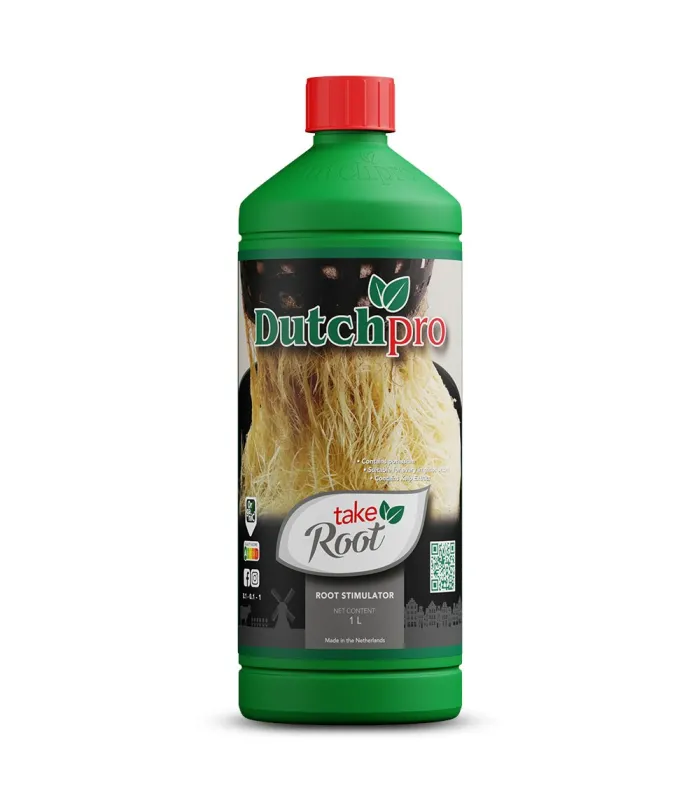 Botella verde Take Root Dutchpro con tapón rojo y etiqueta de raíces