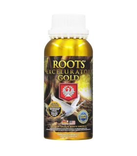 Botella dorada de Roots Excelurator Gold de House & Garden con tapón blanco