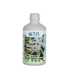 Envase Root Booster Terra Aquatica con etiqueta de raíces verdes y tapón blanco
