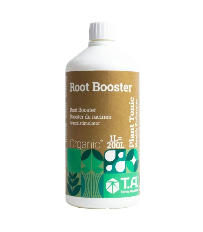 Botella blanca Root Booster Terra Aquatica con etiqueta marrón y verde