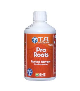 Envase ancho PRO Roots Terra Aquatica con etiqueta naranja y tapón blanco