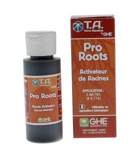 Frasco oscuro PRO Roots Terra Aquatica con su caja naranja a la derecha