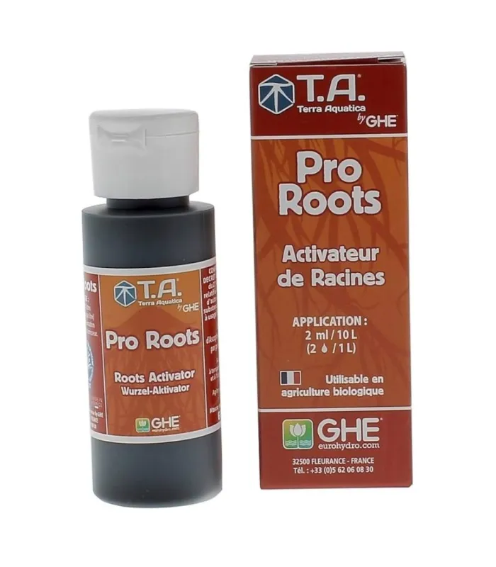 Flacon închis la culoare PRO Roots Terra Aquatica cu o cutie portocalie în dreapta