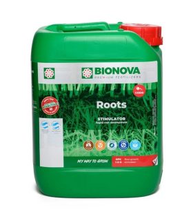 Garrafa de Roots Bionova con tapón rojo y etiqueta frontal verde