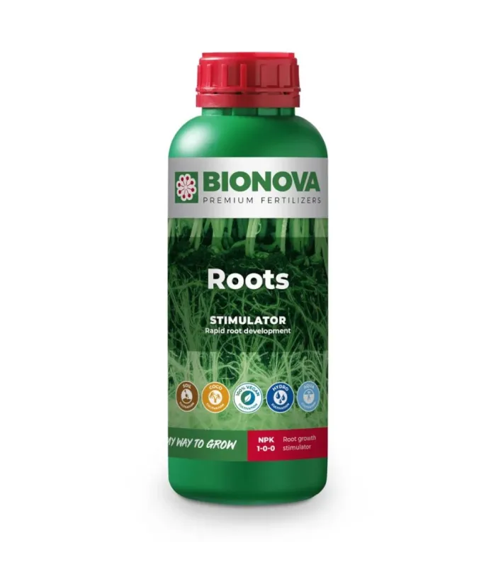 Botella alta de Roots Bionova con tapón rojo y NPK 1-0-0