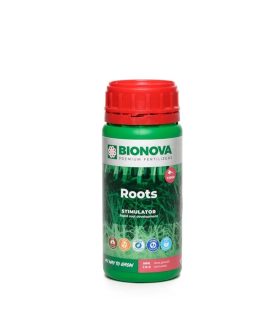 Botella pequeña de Roots Bionova con etiqueta verde y tapón rojo