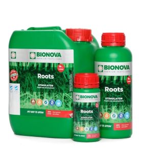 Garrafa y dos botellas de Roots Bionova con tapones rojos