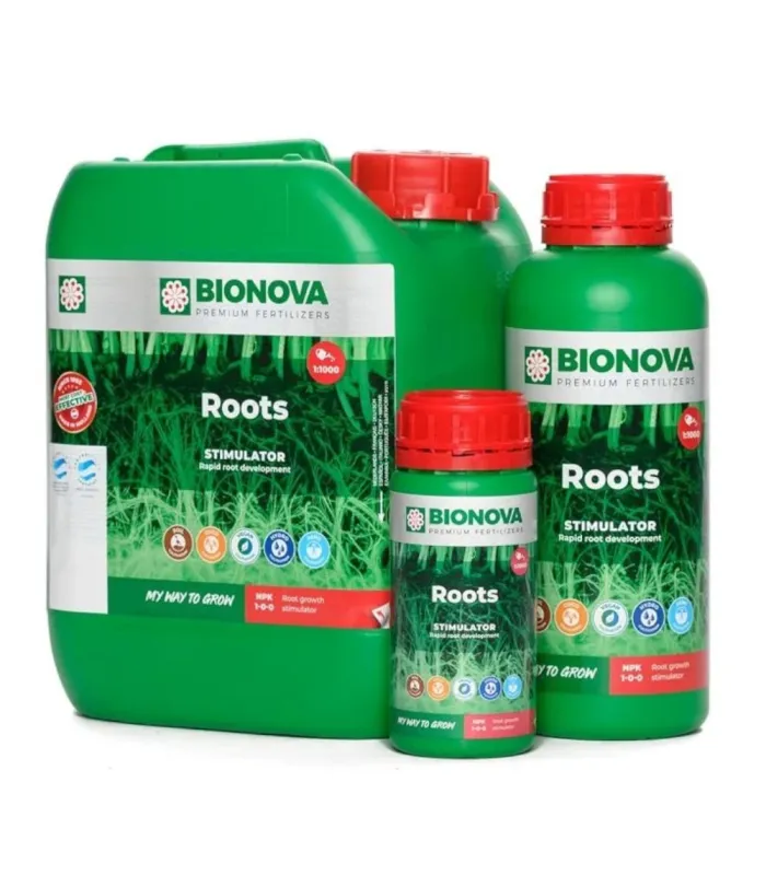 Garrafa y dos botellas de Roots Bionova con tapones rojos
