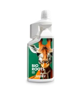 Botella dosificadora de BioRoots Legacy con etiqueta verde y jirafa