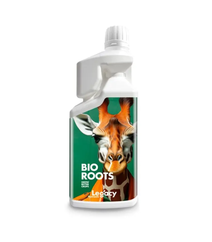 Botella dosificadora de BioRoots Legacy con etiqueta verde y jirafa