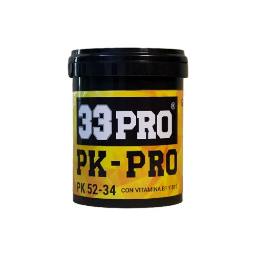 Suplemento de engorde PK-PRO de 33Pro rico en fósforo y potasio para cogollos densos.