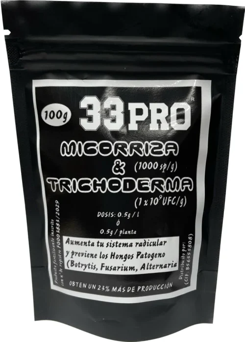 Mezcla de micorrizas y trichodermas de 33Pro para la protección del sistema radicular y mejora de la absorción de nutrientes.