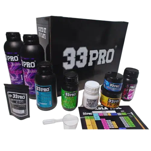 Detalle de los envases incluidos en el Starter Box 33Pro, incluyendo bases de nutrición y estimuladores de floración.