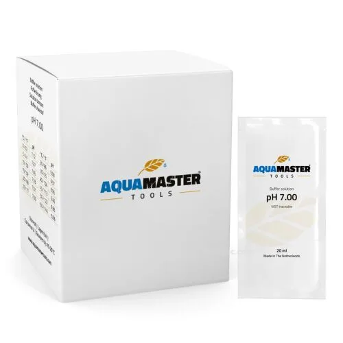 Líquido calibrador pH 7.00 de la marca Aqua Master Tools en formato sobre monodosis.