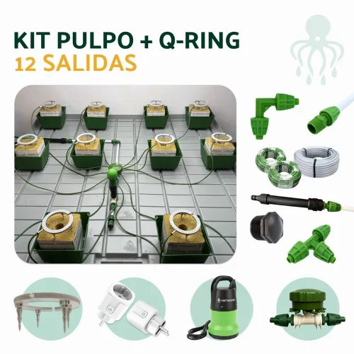 Kit completo Netadrip con distribuidores tipo pulpo y anillos de riego Q-Ring para cobertura total del sustrato.