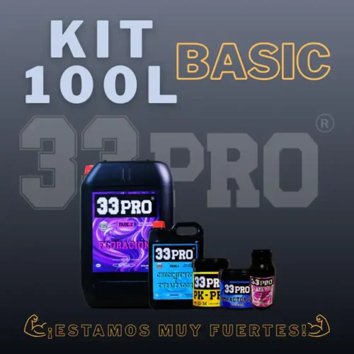 Composición del Kit 100L Basic de 33Pro detallando garrafas de nutrición base y botes de potenciadores de floración.