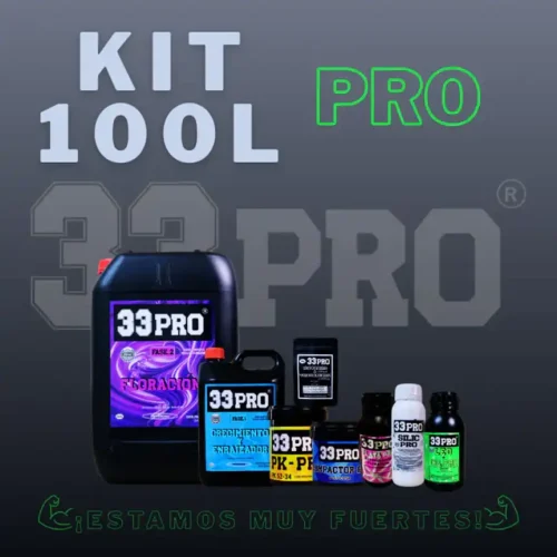 Detalle de los componentes del Kit 100L Pro de 33Pro, incluyendo Silic PRO, CO2 PRO LED y Micorrizas.