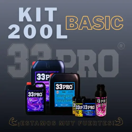Desglose del Kit 200L Basic de 33Pro con garrafas de 10L y 24L para nutrición profesional masiva.