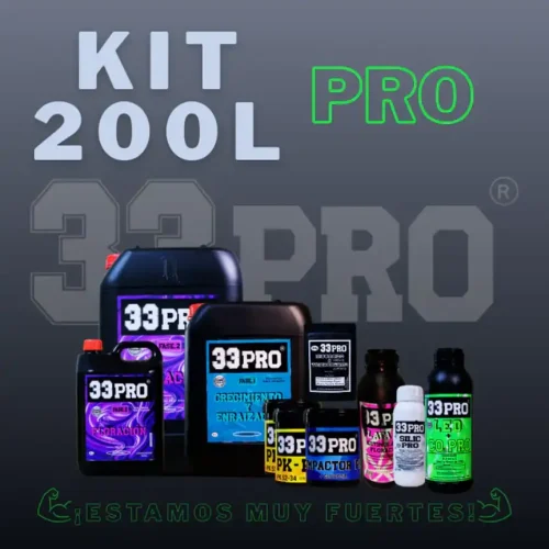 Desglose técnico de componentes del Kit 200L Pro de 33Pro, incluyendo potenciadores de CO2, silicio y micorrizas para grandes superficies.