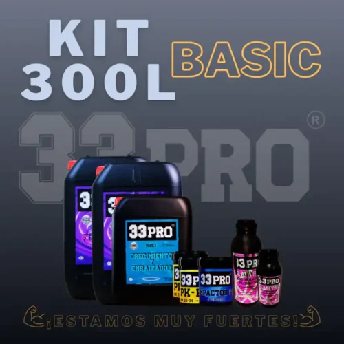 Composición del Kit 300L Basic de 33PRO con garrafas industriales y potenciadores de floración en formato ahorro.